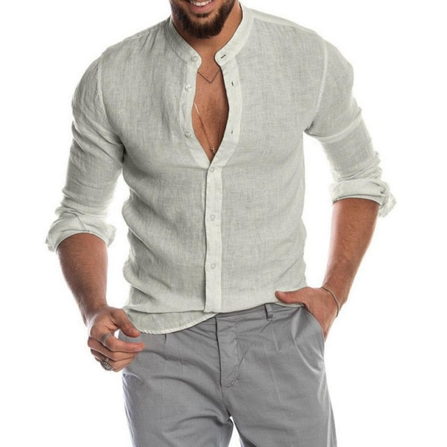 maoxiangshop Summer Cotton And Linen Shirt Men Fashion Solid Long Sleeve Tops Shirts Men's Casual Turn-Down Collar Blusa Stretwears