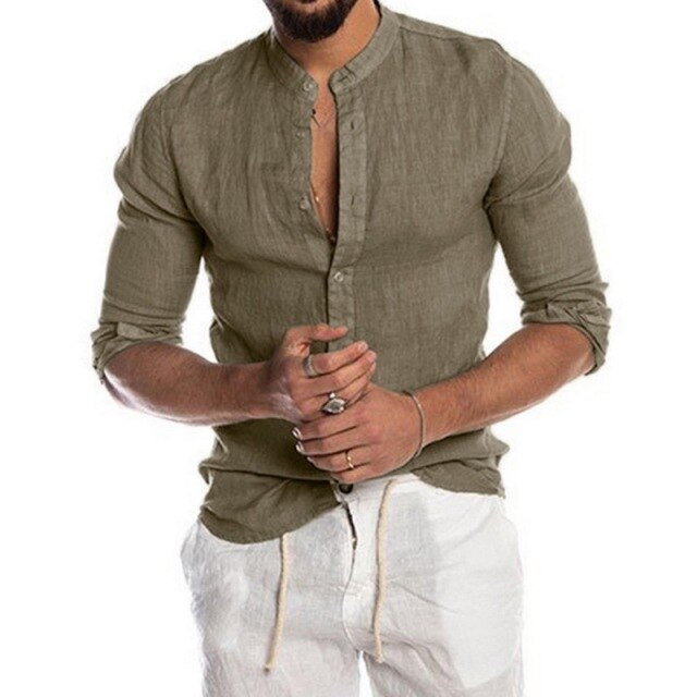 maoxiangshop Summer Cotton And Linen Shirt Men Fashion Solid Long Sleeve Tops Shirts Men's Casual Turn-Down Collar Blusa Stretwears