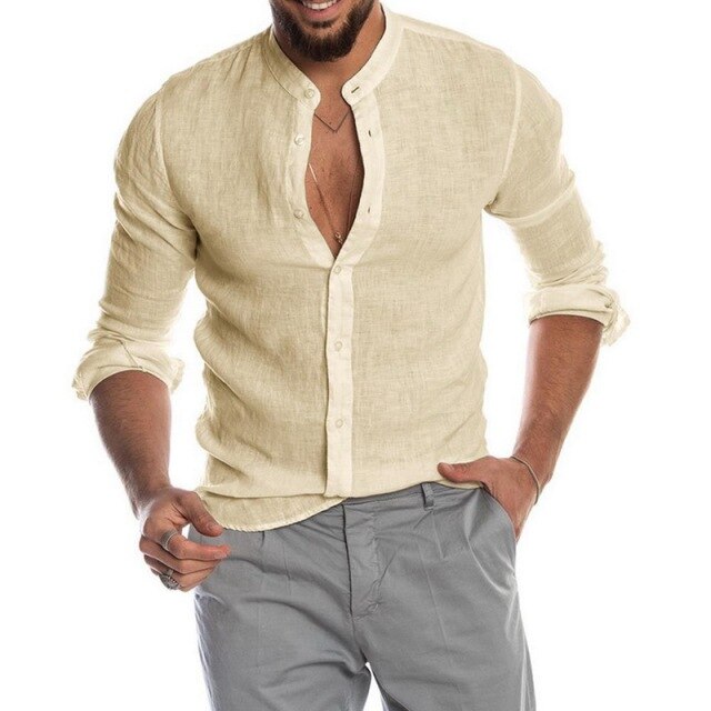 maoxiangshop Summer Cotton And Linen Shirt Men Fashion Solid Long Sleeve Tops Shirts Men's Casual Turn-Down Collar Blusa Stretwears