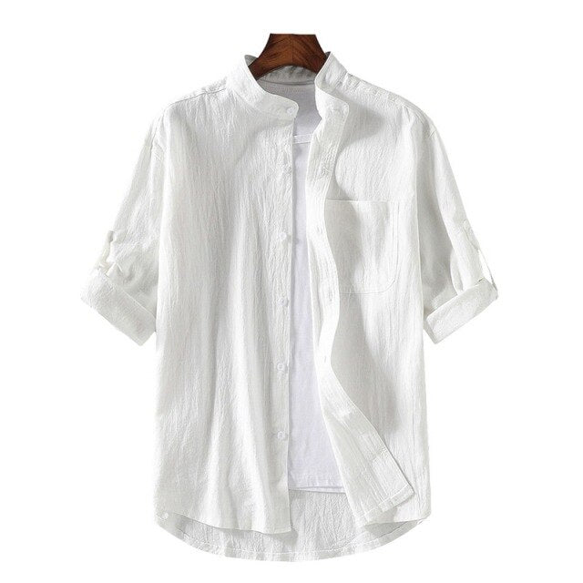 maoxiangshop Summer Cotton And Linen Shirt Men Fashion Solid Long Sleeve Tops Shirts Men's Casual Turn-Down Collar Blusa Stretwears