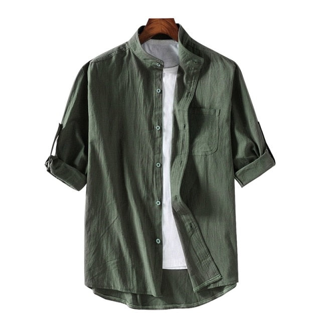 maoxiangshop Summer Cotton And Linen Shirt Men Fashion Solid Long Sleeve Tops Shirts Men's Casual Turn-Down Collar Blusa Stretwears