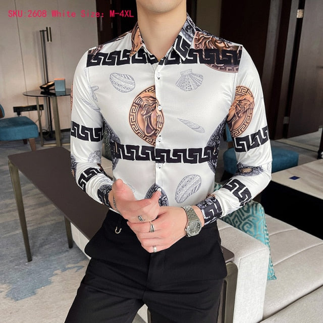 M-6XL Gold Luxury High-end Fashion Printed Men's Casual Long-sleeved Shirt Performance Stage Banquet Male Slim Shirt