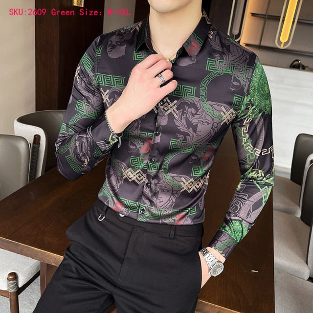 M-6XL Gold Luxury High-end Fashion Printed Men's Casual Long-sleeved Shirt Performance Stage Banquet Male Slim Shirt
