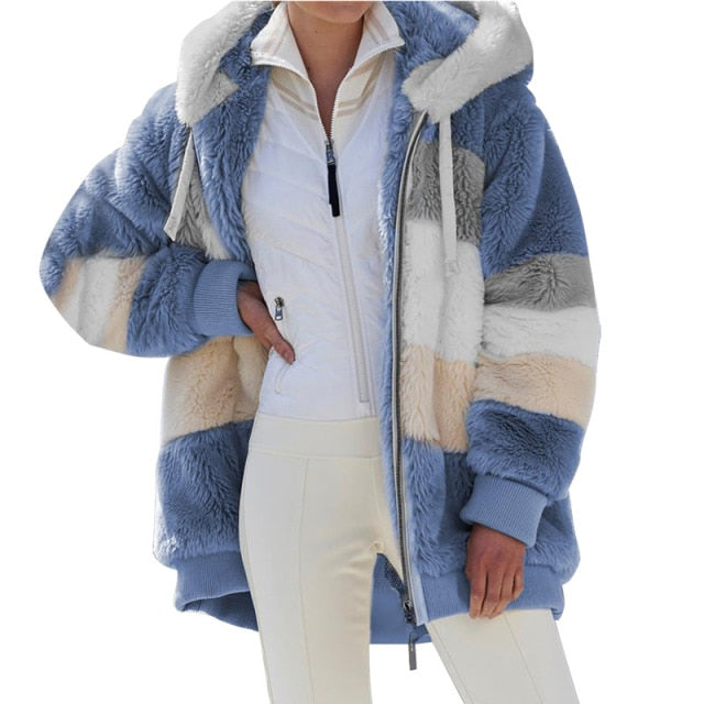 Winter Women's Jacket Plush Patchwork Zipper Pocket Hooded Jacket Fur Woman Coat Plus Size Thick Warm Women Top Winter Outerwear