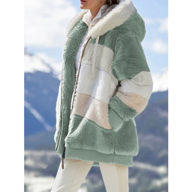 Winter Women's Jacket Plush Patchwork Zipper Pocket Hooded Jacket Fur Woman Coat Plus Size Thick Warm Women Top Winter Outerwear