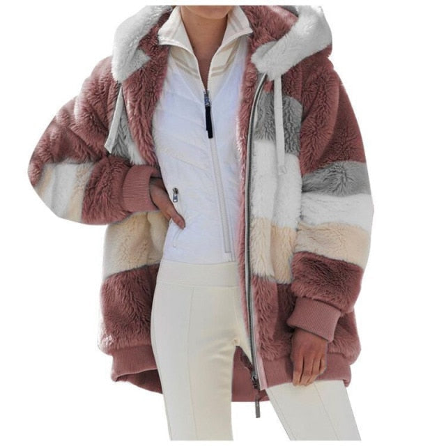 Winter Women's Jacket Plush Patchwork Zipper Pocket Hooded Jacket Fur Woman Coat Plus Size Thick Warm Women Top Winter Outerwear