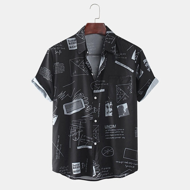 Hawaiian Shirts Mens Funny Abstract Cartoon Slogan Chest Pocket Short Sleeve Shirts Summer Beach Blouse Tops Chemise Homme