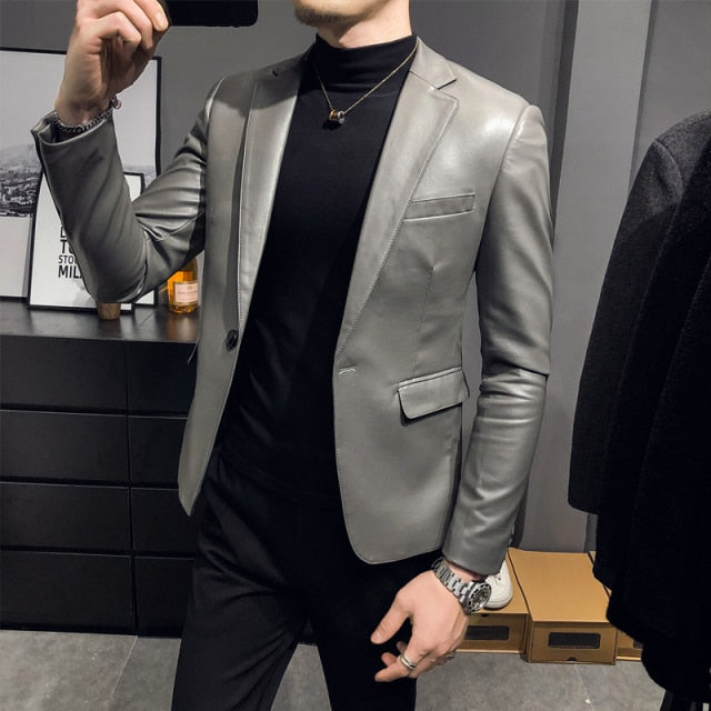 Brand clothing Fashion Men's High quality Casual leather jacket Male slim fit business leather Suit coats/Man Blazers