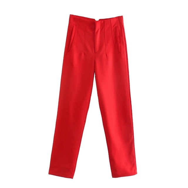 Spring Trouser Suits High Waisted Pants Women Fashion Office Beige Pants Chic Button Zip Elegant Pink Casual Woman Pants