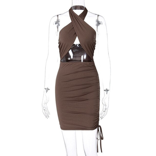 maoxiangshop Summer Women's Dress Sexy Halter Skinny Mini Dresses for Women Pleated Cut Out Backless Sundress Solid Color Outfits NEW