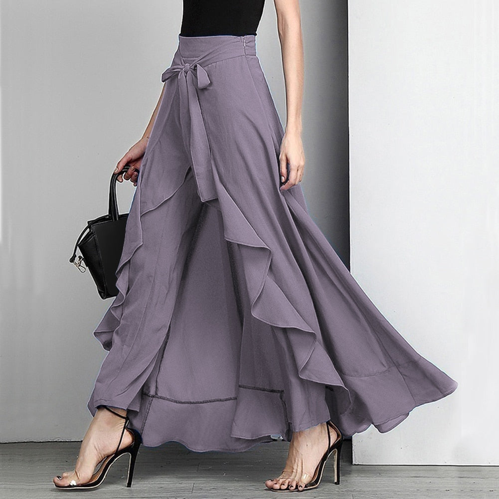 Women Palazzo Pants Causal Ruffle Drawstring Trouser Elegant High Waist Irregular Loose Pure Color Autumn Female Pant Skirt