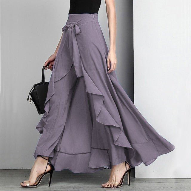 Women Palazzo Pants Causal Ruffle Drawstring Trouser Elegant High Waist Irregular Loose Pure Color Autumn Female Pant Skirt