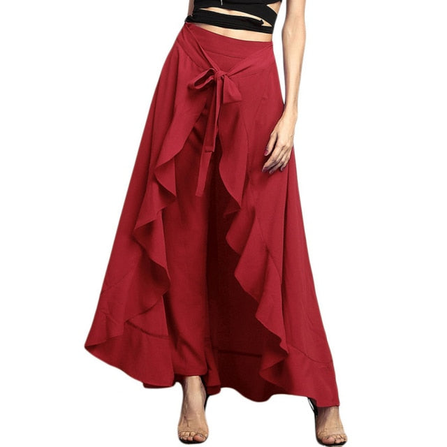Women Palazzo Pants Causal Ruffle Drawstring Trouser Elegant High Waist Irregular Loose Pure Color Autumn Female Pant Skirt