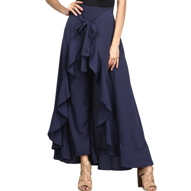 Women Palazzo Pants Causal Ruffle Drawstring Trouser Elegant High Waist Irregular Loose Pure Color Autumn Female Pant Skirt