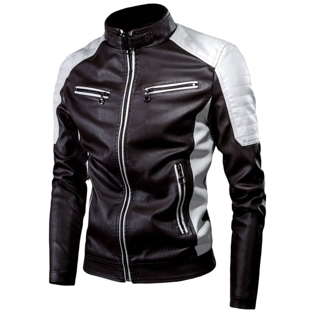 Ucrazy Men Winter Casual Motor Spliced Leather Jacket Coat Men Autumn Fashion Biker Vintage Warm Leather Jacket Coat Men