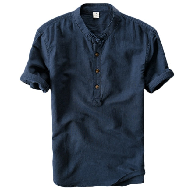 Helisopus Men Casual Cotton Linen Shirts Summer Brand Short Sleeve Shirt Mandarin Collar Solid Color Retro Shirt Tees