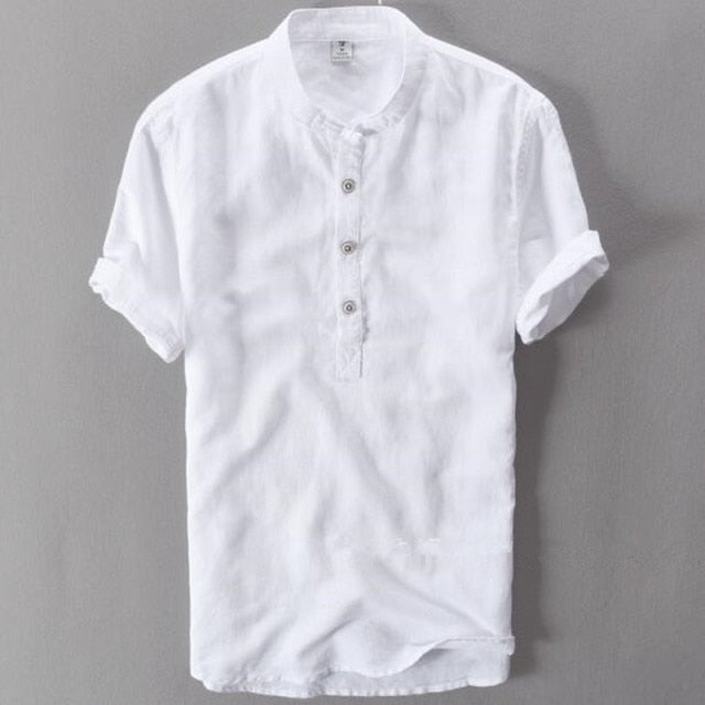 Helisopus Men Casual Cotton Linen Shirts Summer Brand Short Sleeve Shirt Mandarin Collar Solid Color Retro Shirt Tees