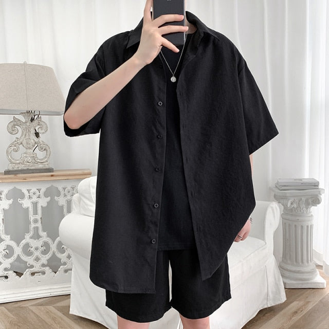 maoxiangshop Streetwear Shirt Men Solid Cotton Plus Size Short Sleeve Shirts Loose Summer Fashion Casual Korean Shirt Mens Tops Clothes