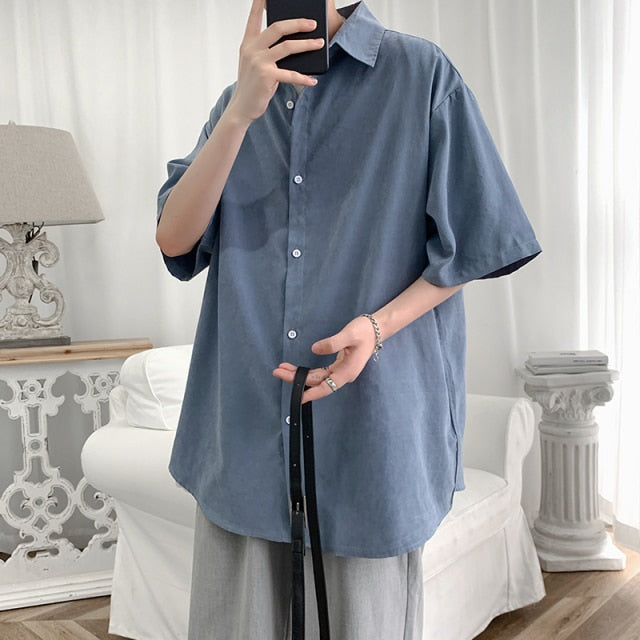 maoxiangshop Streetwear Shirt Men Solid Cotton Plus Size Short Sleeve Shirts Loose Summer Fashion Casual Korean Shirt Mens Tops Clothes