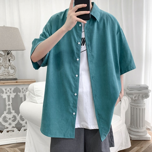 maoxiangshop Streetwear Shirt Men Solid Cotton Plus Size Short Sleeve Shirts Loose Summer Fashion Casual Korean Shirt Mens Tops Clothes