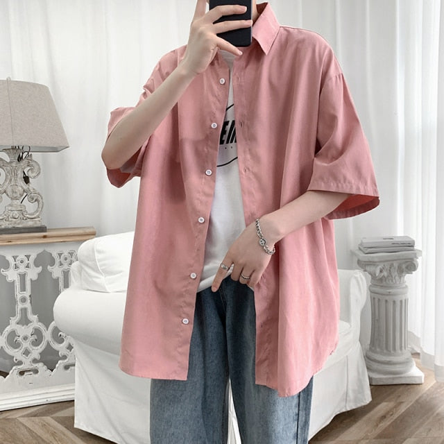 maoxiangshop Streetwear Shirt Men Solid Cotton Plus Size Short Sleeve Shirts Loose Summer Fashion Casual Korean Shirt Mens Tops Clothes