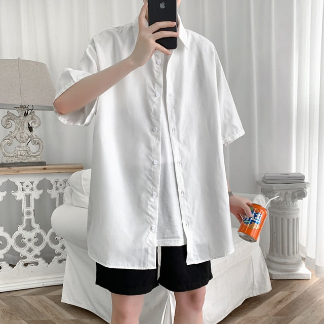 maoxiangshop Streetwear Shirt Men Solid Cotton Plus Size Short Sleeve Shirts Loose Summer Fashion Casual Korean Shirt Mens Tops Clothes
