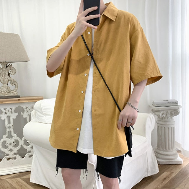 maoxiangshop Streetwear Shirt Men Solid Cotton Plus Size Short Sleeve Shirts Loose Summer Fashion Casual Korean Shirt Mens Tops Clothes