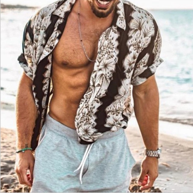 New Summer Hawaiian Men Shirts Short Sleeve Work Shirt Men Striped Print Blouse Casual Button Up Shirts Camisas De Hombre