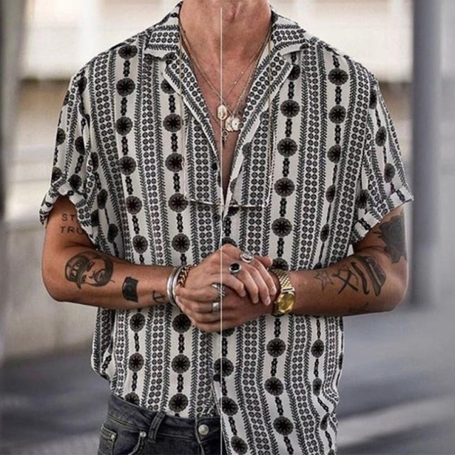 New Summer Hawaiian Men Shirts Short Sleeve Work Shirt Men Striped Print Blouse Casual Button Up Shirts Camisas De Hombre