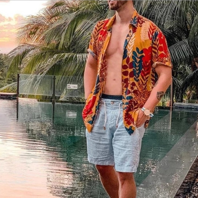 New Summer Hawaiian Men Shirts Short Sleeve Work Shirt Men Striped Print Blouse Casual Button Up Shirts Camisas De Hombre