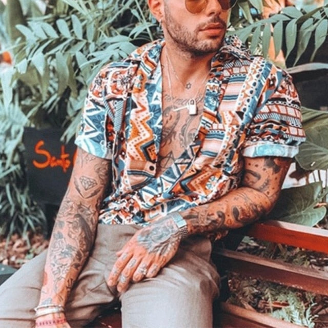 New Summer Hawaiian Men Shirts Short Sleeve Work Shirt Men Striped Print Blouse Casual Button Up Shirts Camisas De Hombre