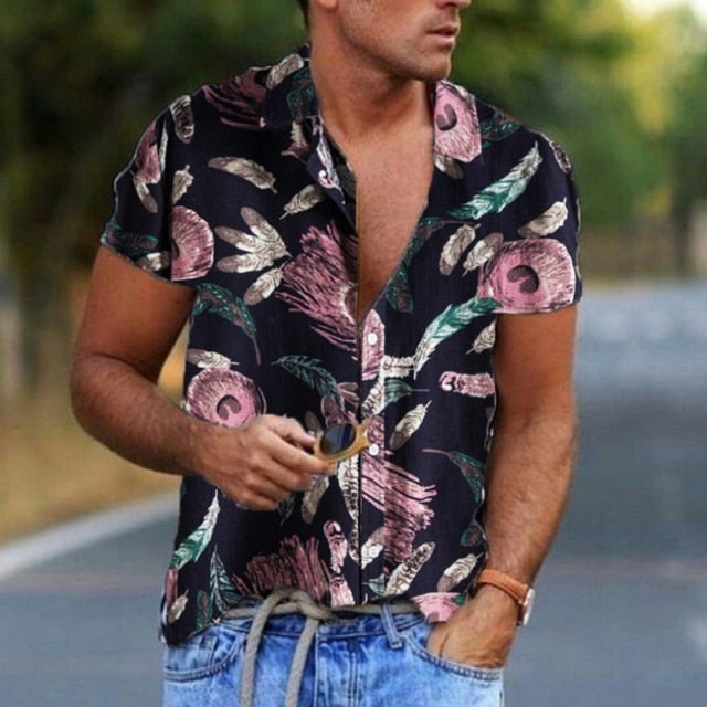 New Summer Hawaiian Men Shirts Short Sleeve Work Shirt Men Striped Print Blouse Casual Button Up Shirts Camisas De Hombre