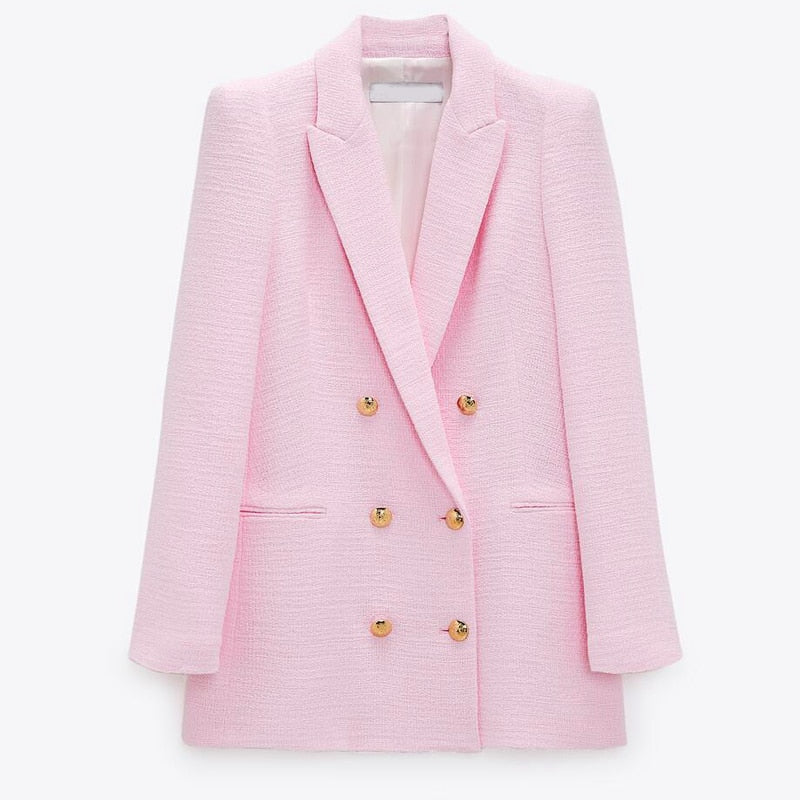 Spring Autumn Women Fashion Vintage Pink Tweed Blazer Coat Chic Pockets Suit Jacket Female Office Outerwear