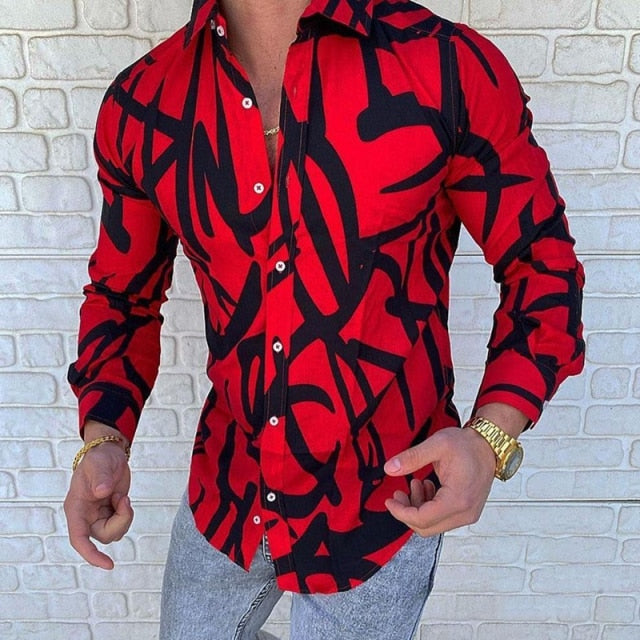 New Punk Style Men's Silk Satin Digital printing Shirts Male Slim Fit Long Sleeve Flower Print Casual Party Shirt Tops