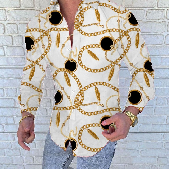 New Punk Style Men's Silk Satin Digital printing Shirts Male Slim Fit Long Sleeve Flower Print Casual Party Shirt Tops