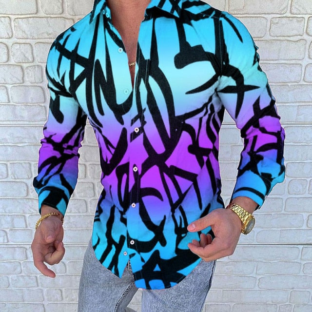 New Punk Style Men's Silk Satin Digital printing Shirts Male Slim Fit Long Sleeve Flower Print Casual Party Shirt Tops