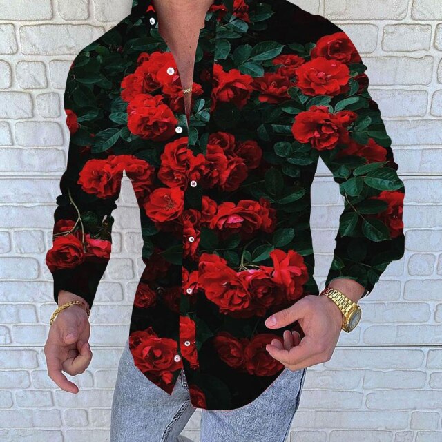 New Punk Style Men's Silk Satin Digital printing Shirts Male Slim Fit Long Sleeve Flower Print Casual Party Shirt Tops