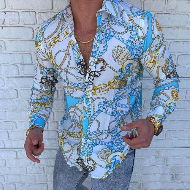 New Punk Style Men's Silk Satin Digital printing Shirts Male Slim Fit Long Sleeve Flower Print Casual Party Shirt Tops