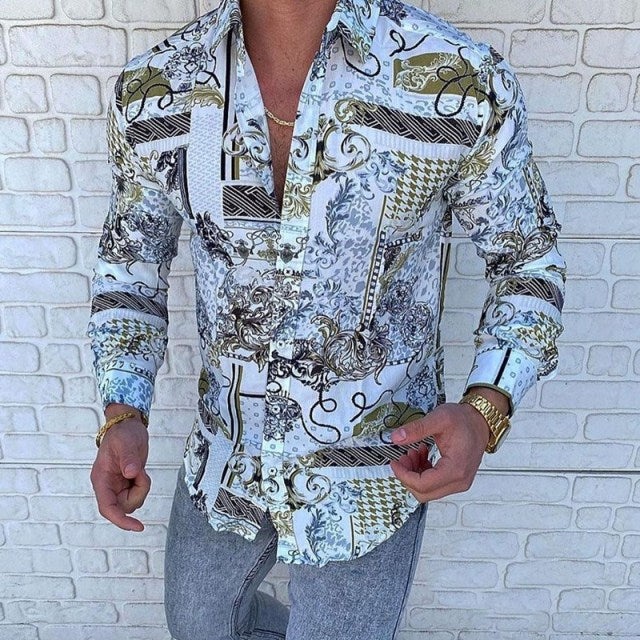 New Punk Style Men's Silk Satin Digital printing Shirts Male Slim Fit Long Sleeve Flower Print Casual Party Shirt Tops