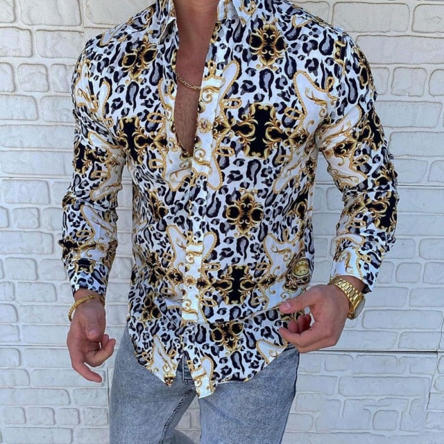 New Punk Style Men's Silk Satin Digital printing Shirts Male Slim Fit Long Sleeve Flower Print Casual Party Shirt Tops