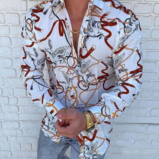 New Punk Style Men's Silk Satin Digital printing Shirts Male Slim Fit Long Sleeve Flower Print Casual Party Shirt Tops