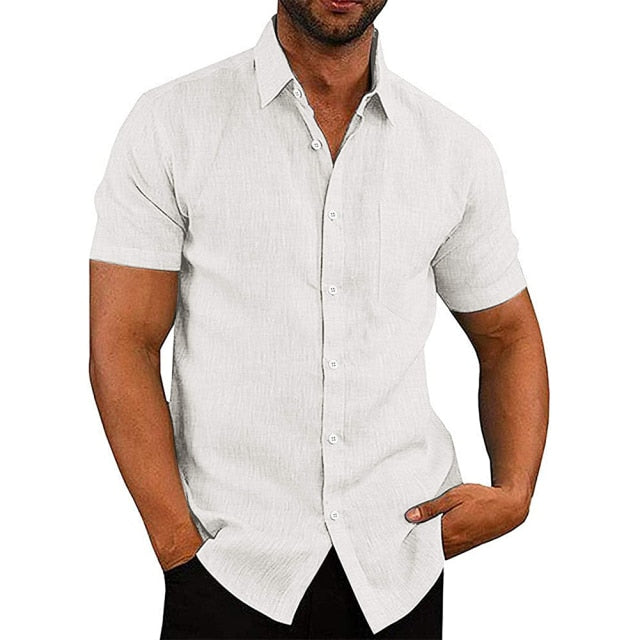 Men's Casual Linen Button Down Shirt Business Chambray Shirt Button Solid Summer Loose Cotton Linen Breathable Classic Shirt