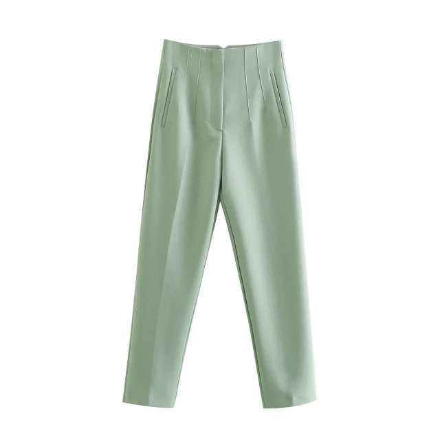 Spring Trouser Suits High Waisted Pants Women Fashion Office Beige Pants Chic Button Zip Elegant Pink Casual Woman Pants