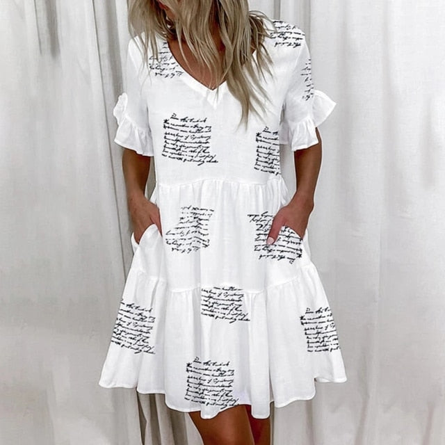 Women Ruffles Mini Dress Elegant A-Line Sexy V Neck Floral Print Vintage Dresses Female Loose Pocket Casual Party Vestidos