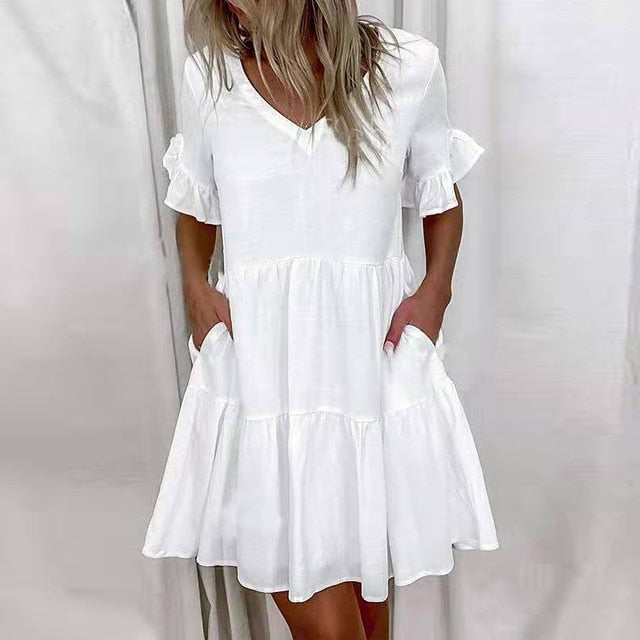 Women Ruffles Mini Dress Elegant A-Line Sexy V Neck Floral Print Vintage Dresses Female Loose Pocket Casual Party Vestidos