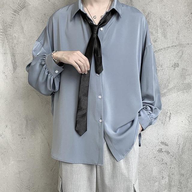 maoxiangshop Black Long-sleeved Shirts Men Korean Comfortable Blouses Casual Loose Single Breasted Shirt With Tie