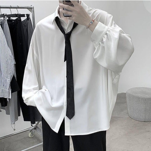 maoxiangshop Black Long-sleeved Shirts Men Korean Comfortable Blouses Casual Loose Single Breasted Shirt With Tie