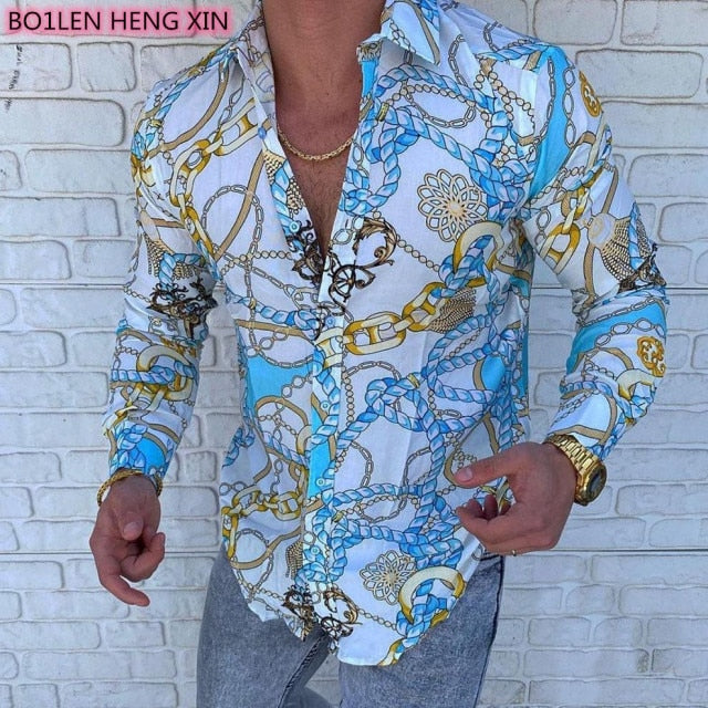Luxury Royal Shirt Men Casual Slim Fit Long Sleeve Men Paisley Print Shirt Camisa Social Masculina Manga Longa Prom Party Shirt