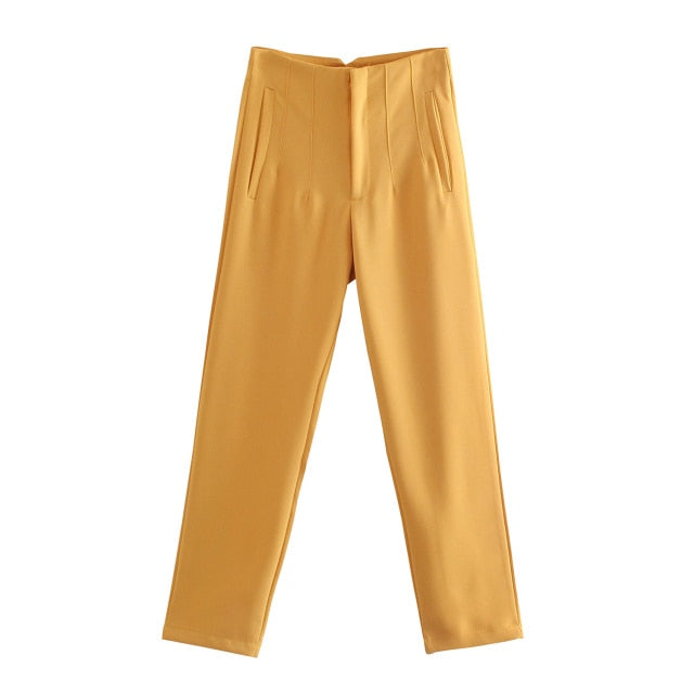 Spring Trouser Suits High Waisted Pants Women Fashion Office Beige Pants Chic Button Zip Elegant Pink Casual Woman Pants