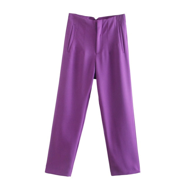 Spring Trouser Suits High Waisted Pants Women Fashion Office Beige Pants Chic Button Zip Elegant Pink Casual Woman Pants